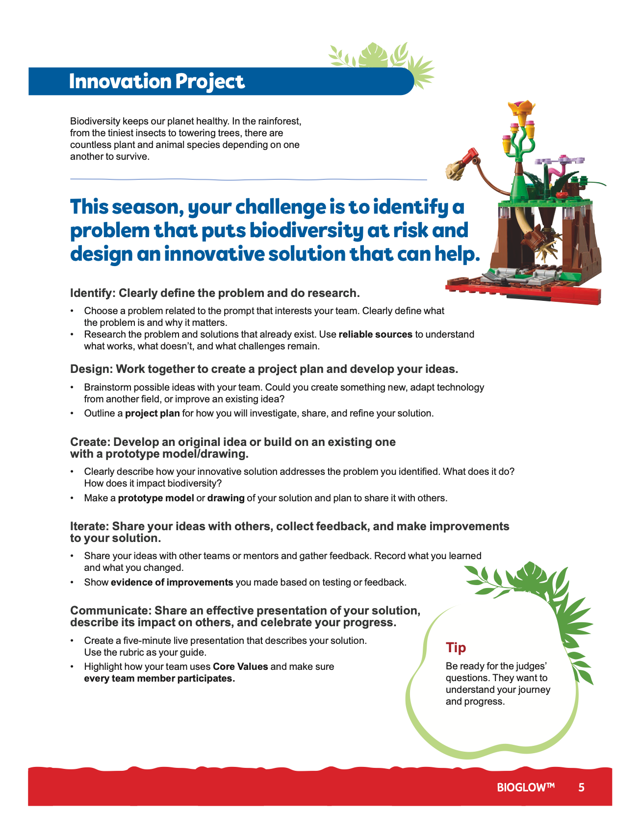BIOGLOW Innovation Project challenge: identify a problem that puts biodiversity at risk and design an innovative solution, with the Identify, Design, Create, Iterate, and Communicate steps